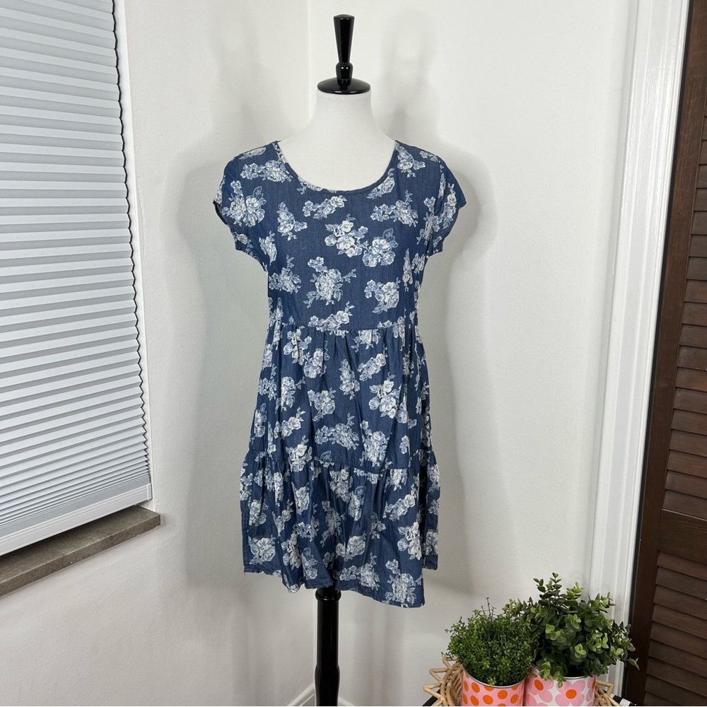 Justice | Girl’s Floral Blue Chambray Cap Short Sleeve Dress Tunic